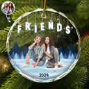 Christmas,Custom Photo,Family,Gift For Bestie,Gift For Sisters,Gift For Brothers,Gift For Sibling,Happy - Custom Photo Family Friends Besties Sisters Sitting Together - Personalized Circle Glass Ornament