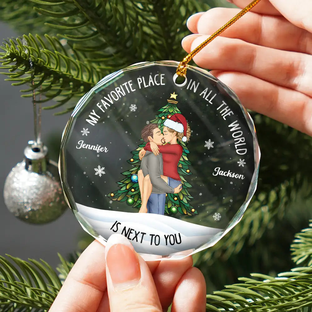 Gift For Couples, Gift For Husband, Gift For Wife, Gift For Boyfriend - Couple Sideview My Favorite Place In The World - Personalized Glass Ornament