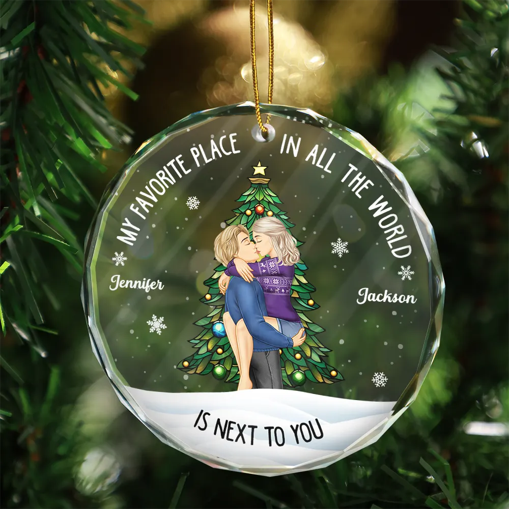 Gift For Couples, Gift For Husband, Gift For Wife, Gift For Boyfriend - Couple Sideview My Favorite Place In The World - Personalized Glass Ornament