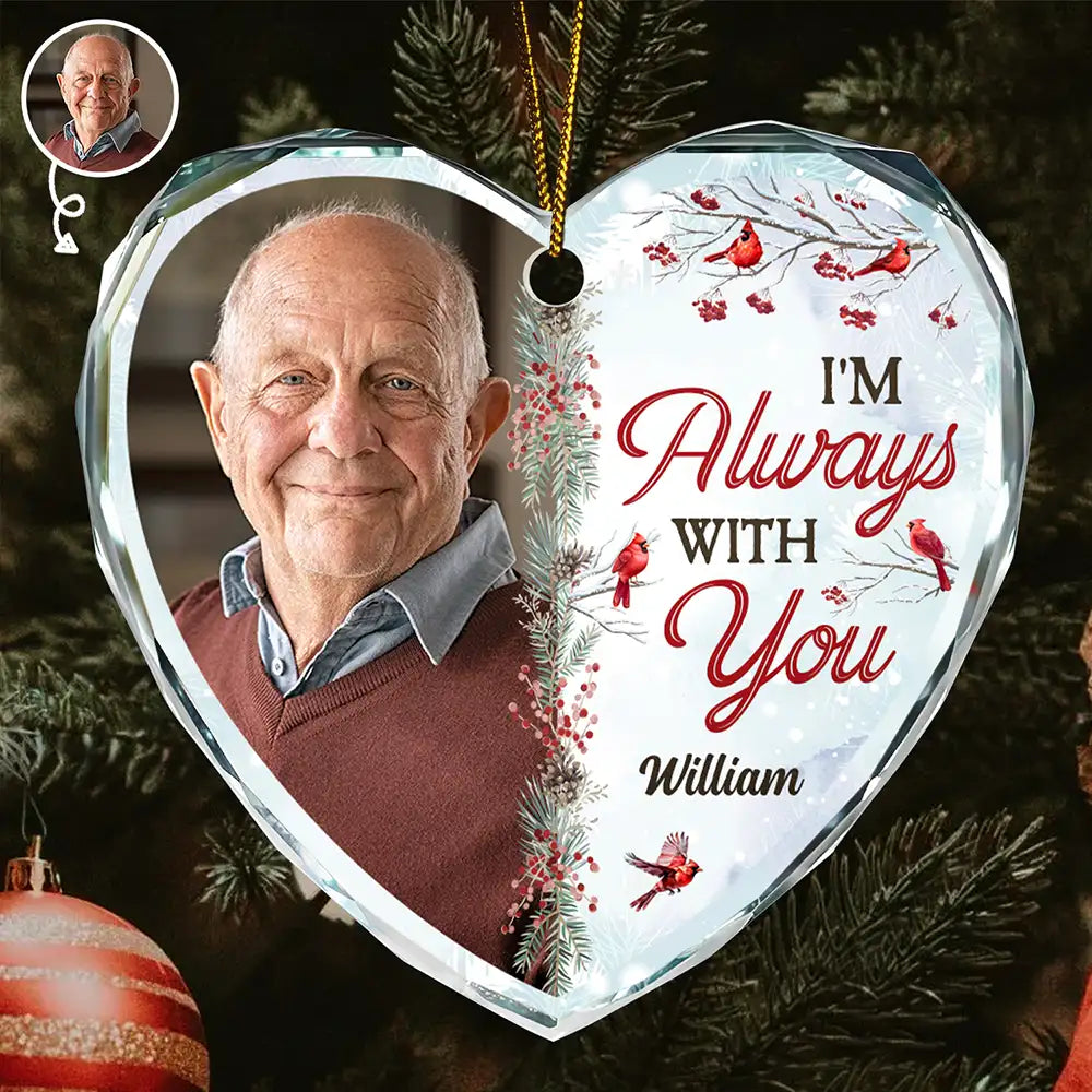Custom Photo I'm Always With You - Personalized Heart Shaped Glass Ornament