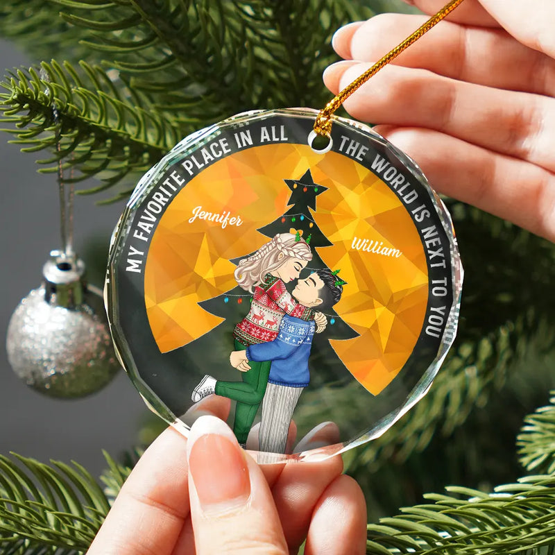 Gift For Couples, Gift For Husband, Gift For Wife, Gift For Boyfriend, Gift For Girlfriend - Christmas Couple Sideview My Favorite Place In All The World - Personalized Glass Ornament