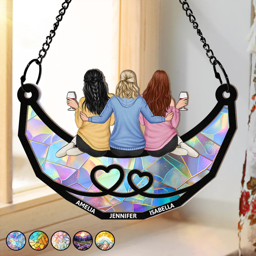 Friends Besties Sisters Brothers Sitting Together - Personalized Window Hanging Suncatcher Ornament