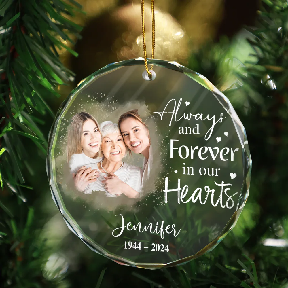 Memorial - Custom Photo Memorial Always & Forever In My Heart - Personalized Circle Glass Ornament