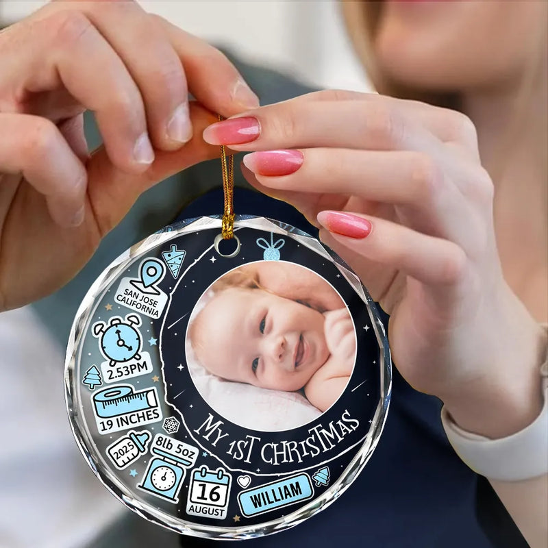 New baby, Gift For Kids - Custom Photo Baby First Christmas Information Icon - Personalized Circle Glass Ornament