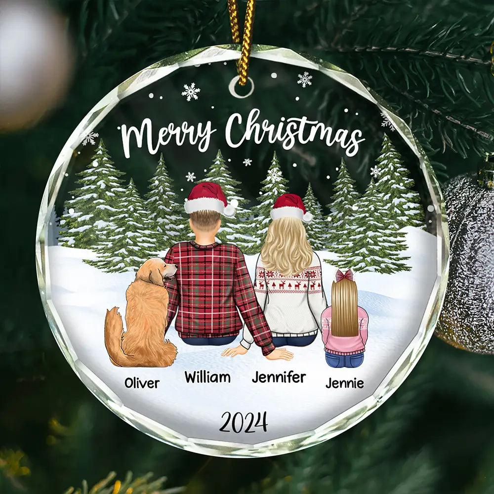 Merry Christmas Family Name Backside - Personalized Circle Glass Ornament
