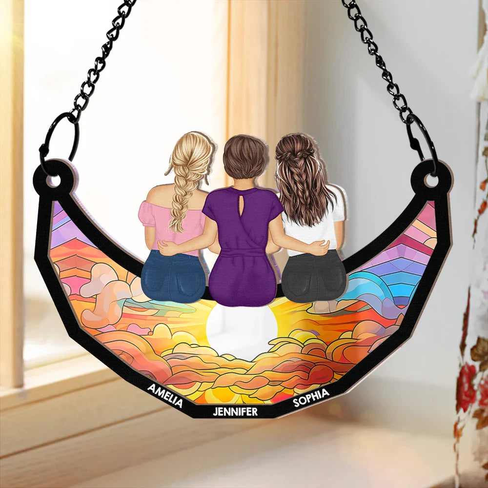 Mother & Daughters On The Moon - Personalized Window Hanging Suncatcher Ornament