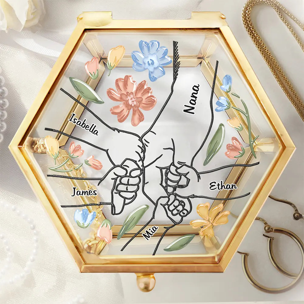 Gift For Mother, Gift For Grandma - Hand In Hand I'll Protect You Mom Grandma - Personalized Glass Jewelry Box