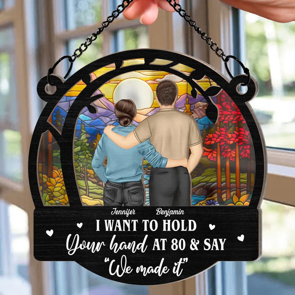 Gift For Couples, Old Couples, Gift For Husband, Gift For Wife, Gift For Boyfriend, Gift For Girlfriend - Couple Hold Your Hand At 80 - Personalized Window Hanging Suncatcher Ornament