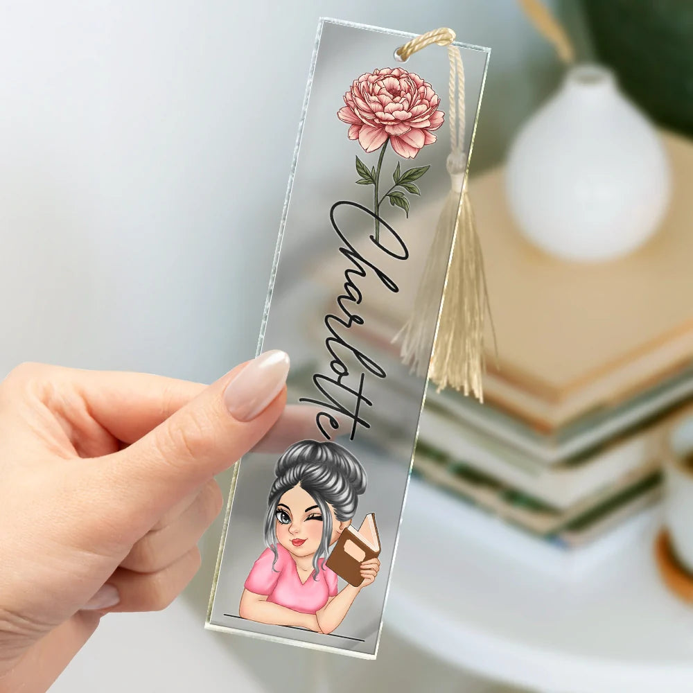 Reading,Gift For Yourself,Gift For Women,Happy - Birth Month Flower Reading Girl - Personalized Acrylic Bookmark