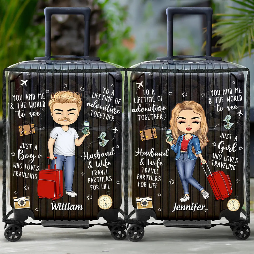 Gift For Couples,Gift For Husband,Gift For Wife,Gift For Boyfriend,Gift For Girlfriend,Travel,Happy - Couple Travel Partners For Life - Personalized Combo 2 Clear Luggage Covers
