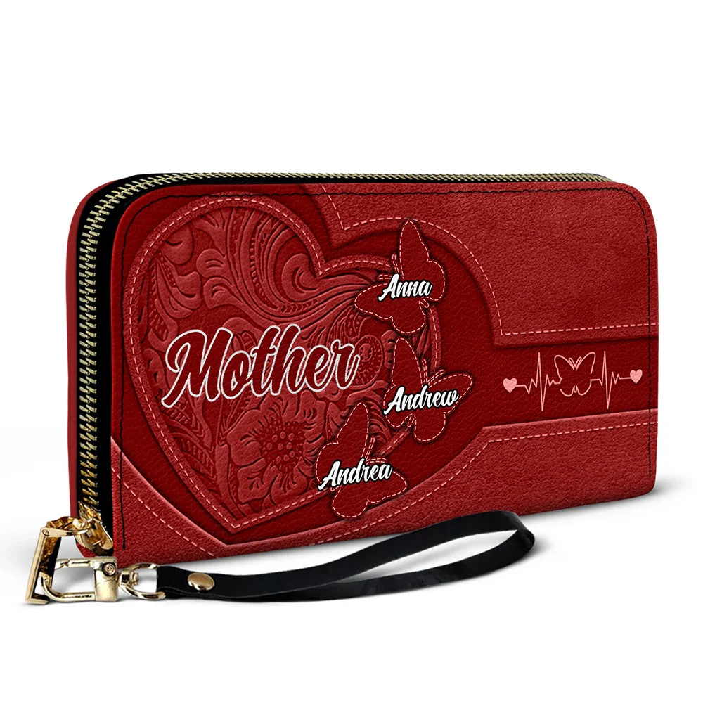 Gift For Mother,Gift For Grandma,Grandma,Grandkids,Mom,Children - Leather Butterfly Heart - Personalized Leather Long Wallet
