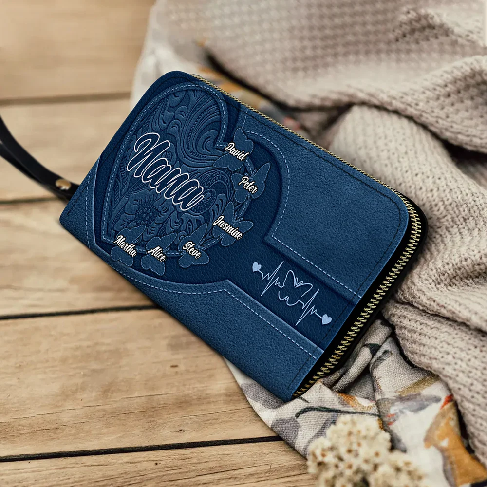 Gift For Mother,Gift For Grandma,Grandma,Grandkids,Mom,Children - Leather Butterfly Heart - Personalized Leather Long Wallet
