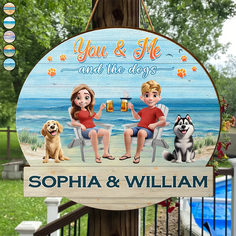 You And Me And The Fur Babies Beach View - Personalized Custom Shaped Wood Sign