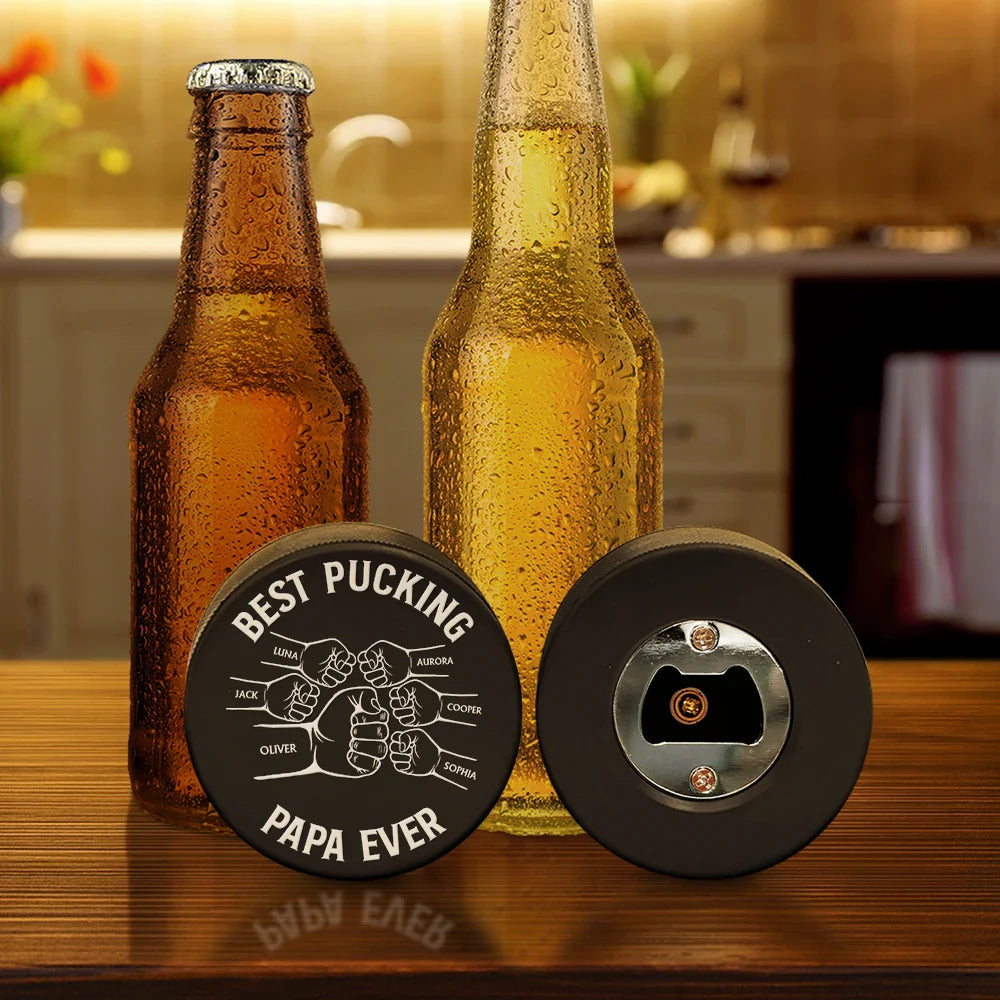 Gift For Father,Dad,Children - Best Pucking Dad Coach Ever - Personalized Hockey Puck Bottle Opener