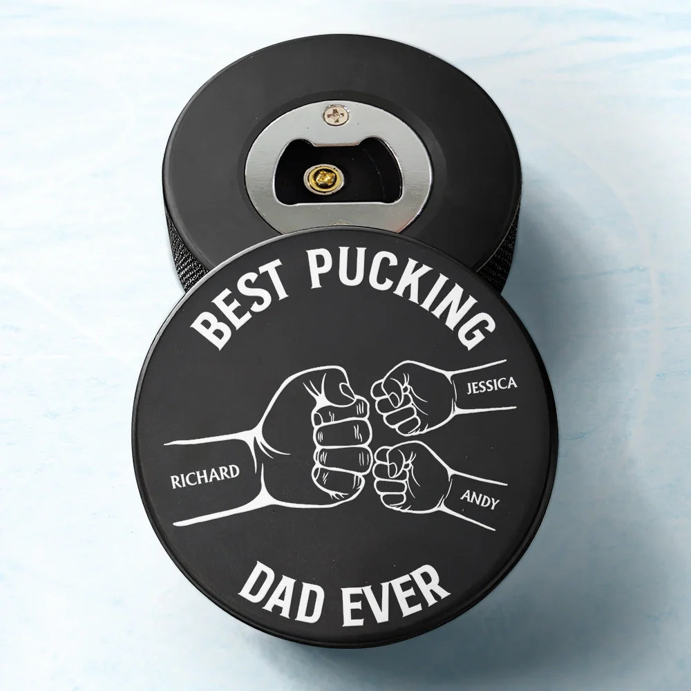 Best Pucking Dad Coach Ever - Personalized Hockey Puck Bottle Opener