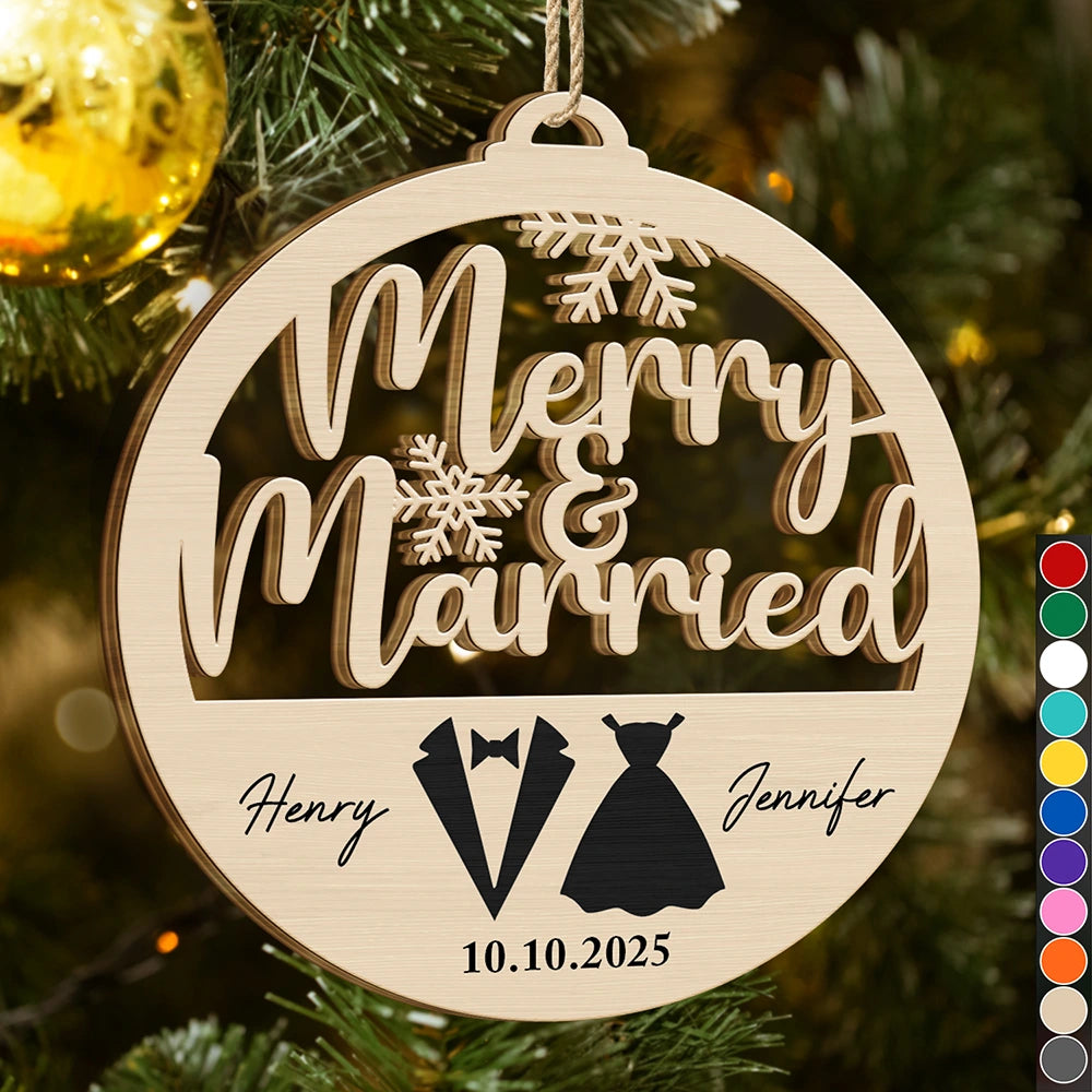 First Christmas Couple Merry & Married - Personalized Custom Shaped Wooden Ornament