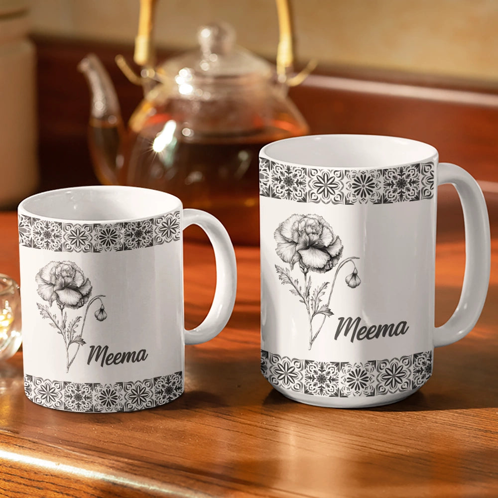 Gift For Wife,Gift For Girlfriend,Gift For Yourself,Gift For Women,Gift For Mother,Gift For Grandma,Love - Mediterranean Pattern With Birth Month Flower - Personalized White Edge-to-Edge Mug