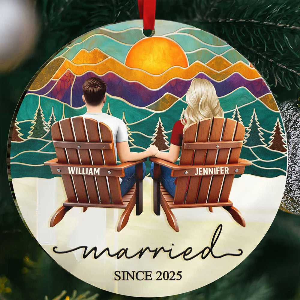 Mountain Landscape Couple Sitting Together Married Engaged - Personalized Custom Shaped Mirror Ornament