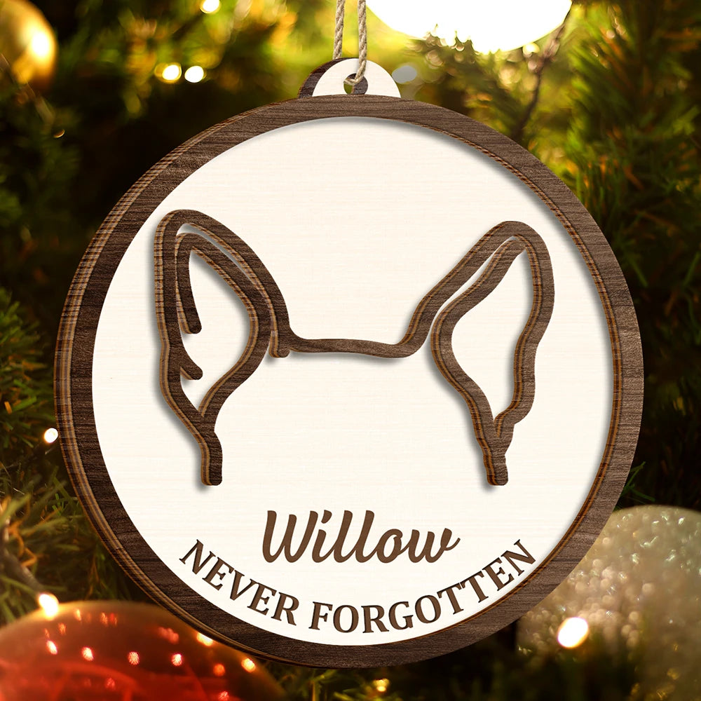 Dog Ear Pet Loss Memorial Never Forgotten - Personalized 2-Layered Wooden Ornament