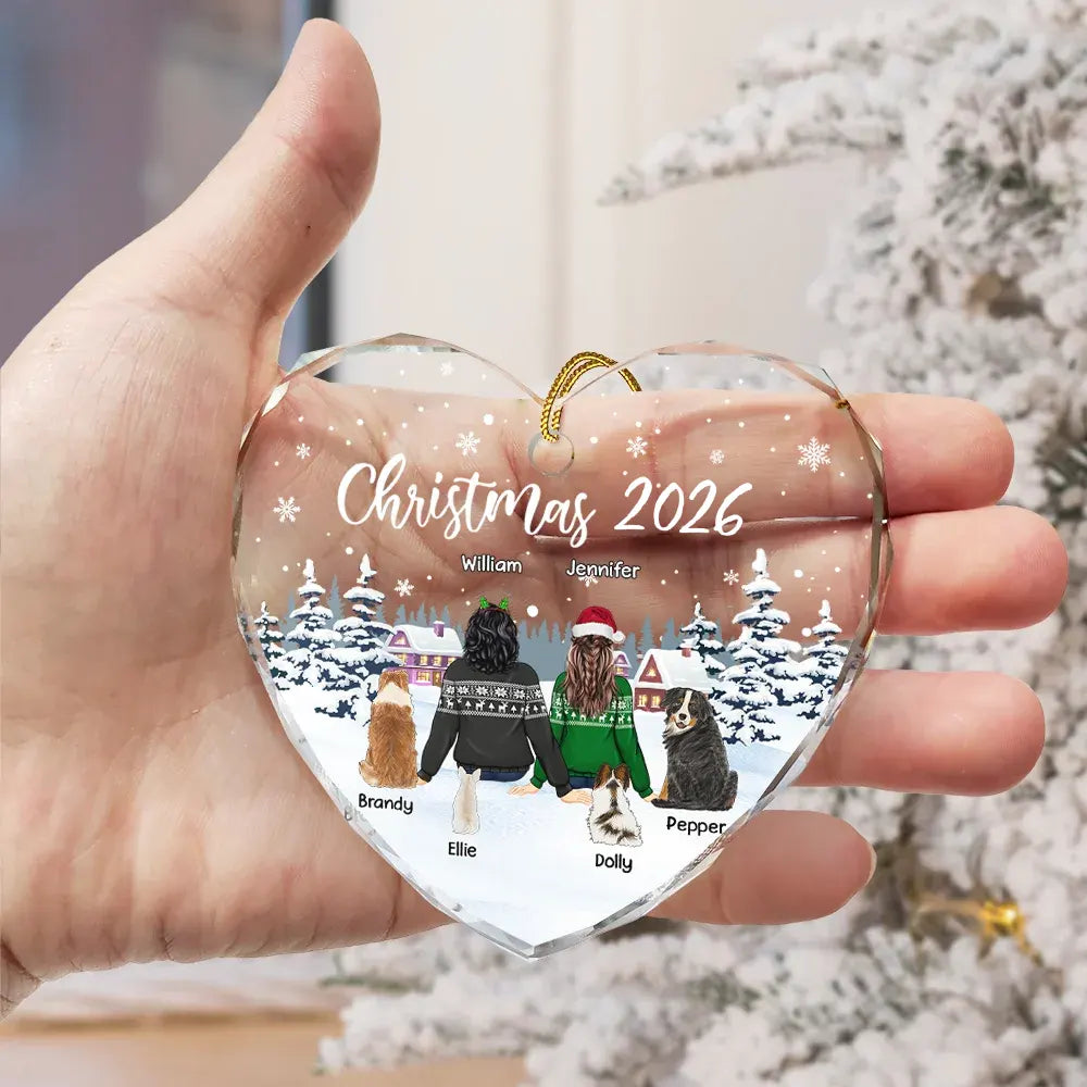 Couple & Pets Christmas - Personalized Heart Shaped Glass Ornament