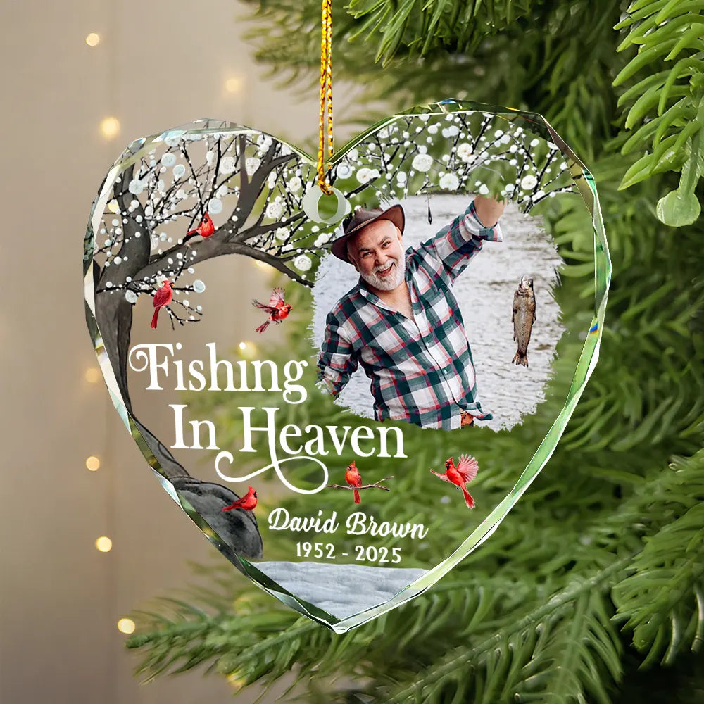 Memorial,Fishing,Parents,Gift For Grandparents,Family,Sad - Custom Photo Fishing In Heaven Memorial - Personalized Heart Shaped Glass Ornament