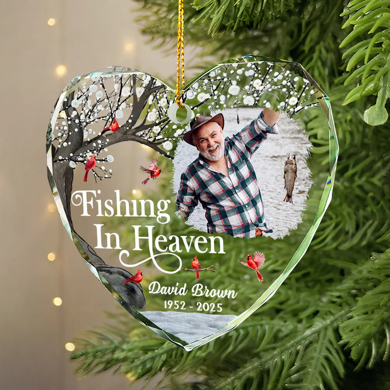 Memorial,Fishing,Parents,Gift For Grandparents,Family,Sad - Custom Photo Fishing In Heaven Memorial - Personalized Heart Shaped Glass Ornament
