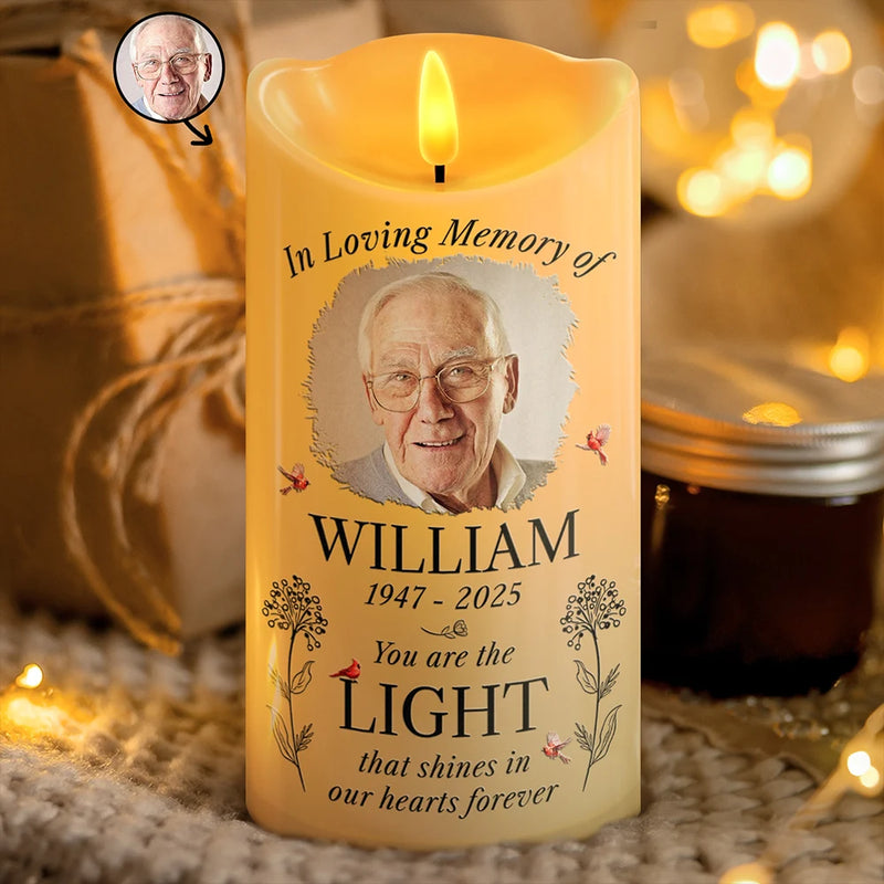 Sad,Memorial,Gift For Grandparents,Gift For Sibling,Family,Parents,Pet Lovers - Custom Photo You Are The Light That Shines Our Heart Forever Memorial - Personalized Flameless LED Candle
