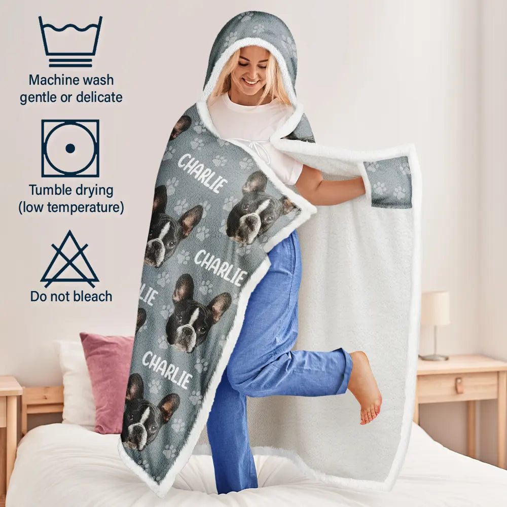 Cat Lovers,Pet Lovers,Dog Lovers,Dog Mom,Dog Dad,Cat Mom,Cat Dad,Happy - Custom Photo Funny Pet Face Pattern Dog Cat Family - Personalized Wearable Hooded Blanket