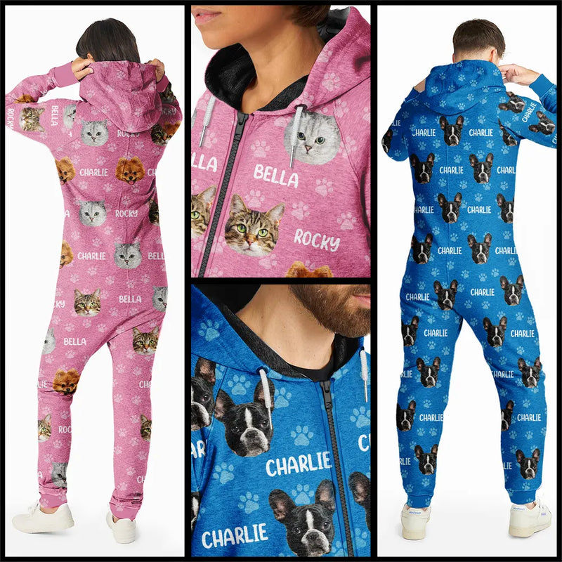 Cat Lovers,Pet Lovers,Dog Lovers,Dog Mom,Dog Dad,Cat Mom,Cat Dad,Happy - Custom Photo Funny Pet Face Pattern Dog Cat Family - Personalized Overall Onesie Hooded Jumpsuit