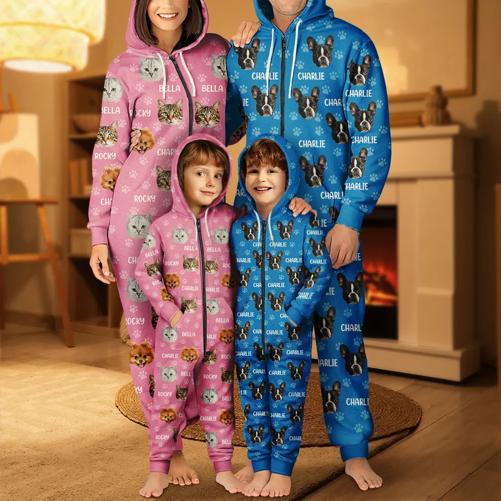 Cat Lovers,Pet Lovers,Dog Lovers,Dog Mom,Dog Dad,Cat Mom,Cat Dad,Happy - Custom Photo Funny Pet Face Pattern Dog Cat Family - Personalized Overall Onesie Hooded Jumpsuit