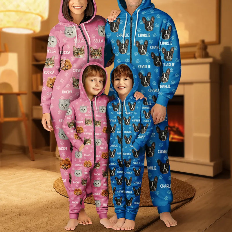 Cat Lovers,Pet Lovers,Dog Lovers,Dog Mom,Dog Dad,Cat Mom,Cat Dad,Happy - Custom Photo Funny Pet Face Pattern Dog Cat Family - Personalized Overall Onesie Hooded Jumpsuit