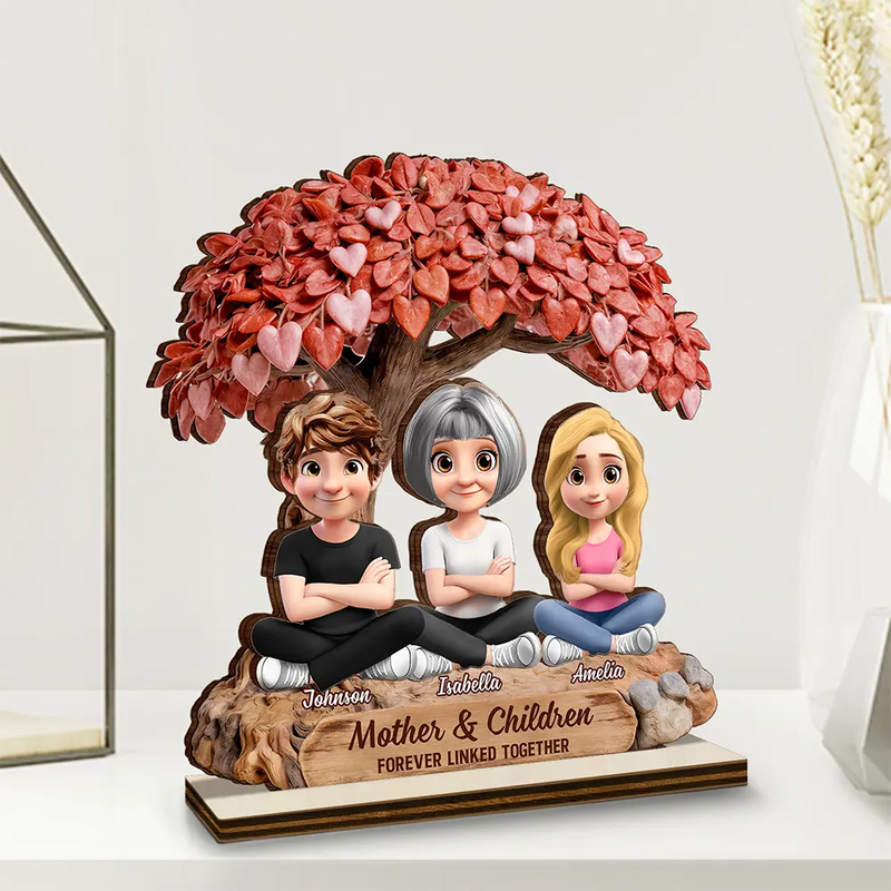 Gift For Mother,Mom - Daughters (Adult),Mom - Daughters (Young),Mom - Sons,Mom - Children,Love - Mother And Daughters Forever Linked Together Under Heart Tree - Personalized Custom Shaped Wooden Plaque