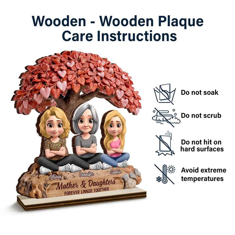 Gift For Mother,Mom - Daughters (Adult),Mom - Daughters (Young),Mom - Sons,Mom - Children,Love - Mother And Daughters Forever Linked Together Under Heart Tree - Personalized Custom Shaped Wooden Plaque