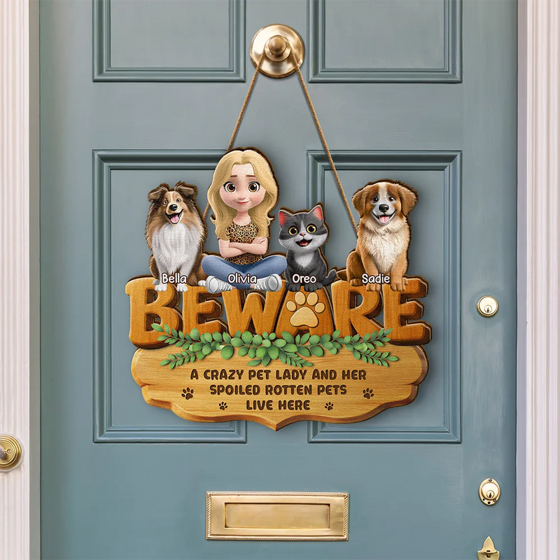 Pet Lovers,Pet Mom,Pet Dad,Pet Couple,Cat Lovers,Cat Mom,Cat Dad,Cat Couple,Dog Lovers,Dog Mom,Dog Dad,Dog Couple,Gift For Women,Gift For Men,Happy,Top Market - 3D Effect A Crazy Dog Cat Lady And Her Spoiled Rotten Dogs Cats - Personalized Custom Shaped Wood Sign