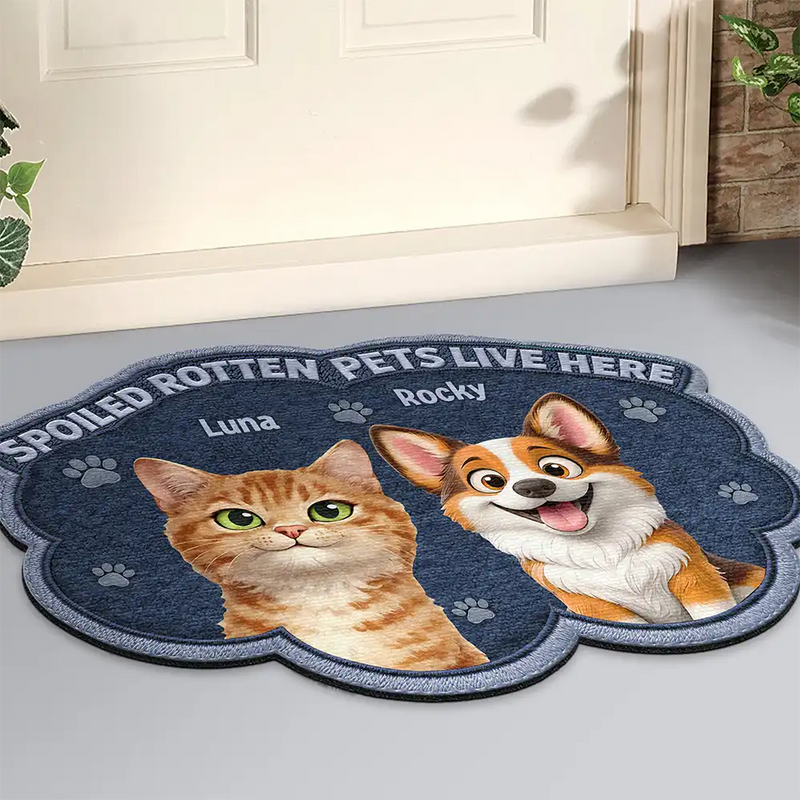 Pet Lovers,Dog Lovers,Cat Lovers,Family,Happy,Top Market - Faux Embroidery Effect Spoiled Rotten Dogs Cats Live Here - Personalized Custom Shaped Doormat