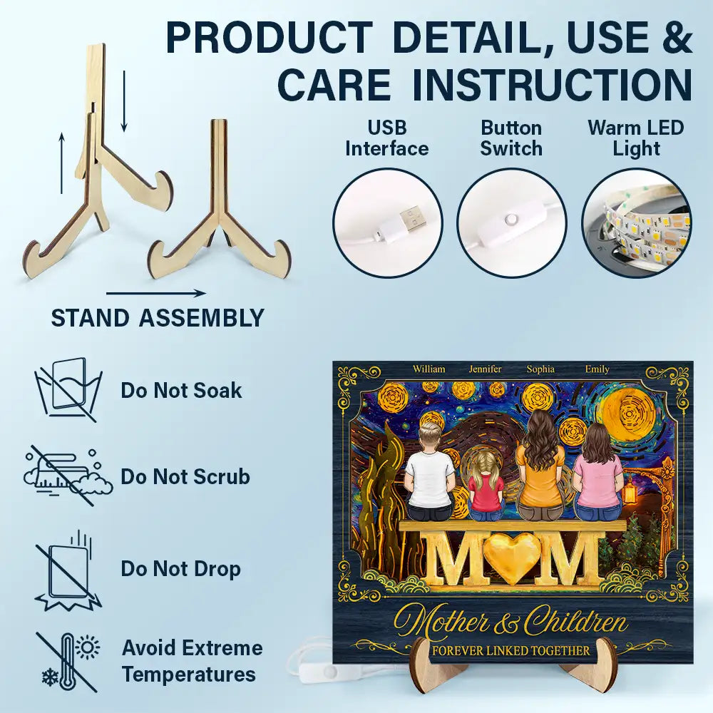 Gift For Mother,Mom - Daughters (Adult),Mom - Daughters (Young),Mom - Sons,Mom - Children,Love,Top Market,Vector - Mother & Children Forever Linked Together - Personalized LED Light Wooden Plaque