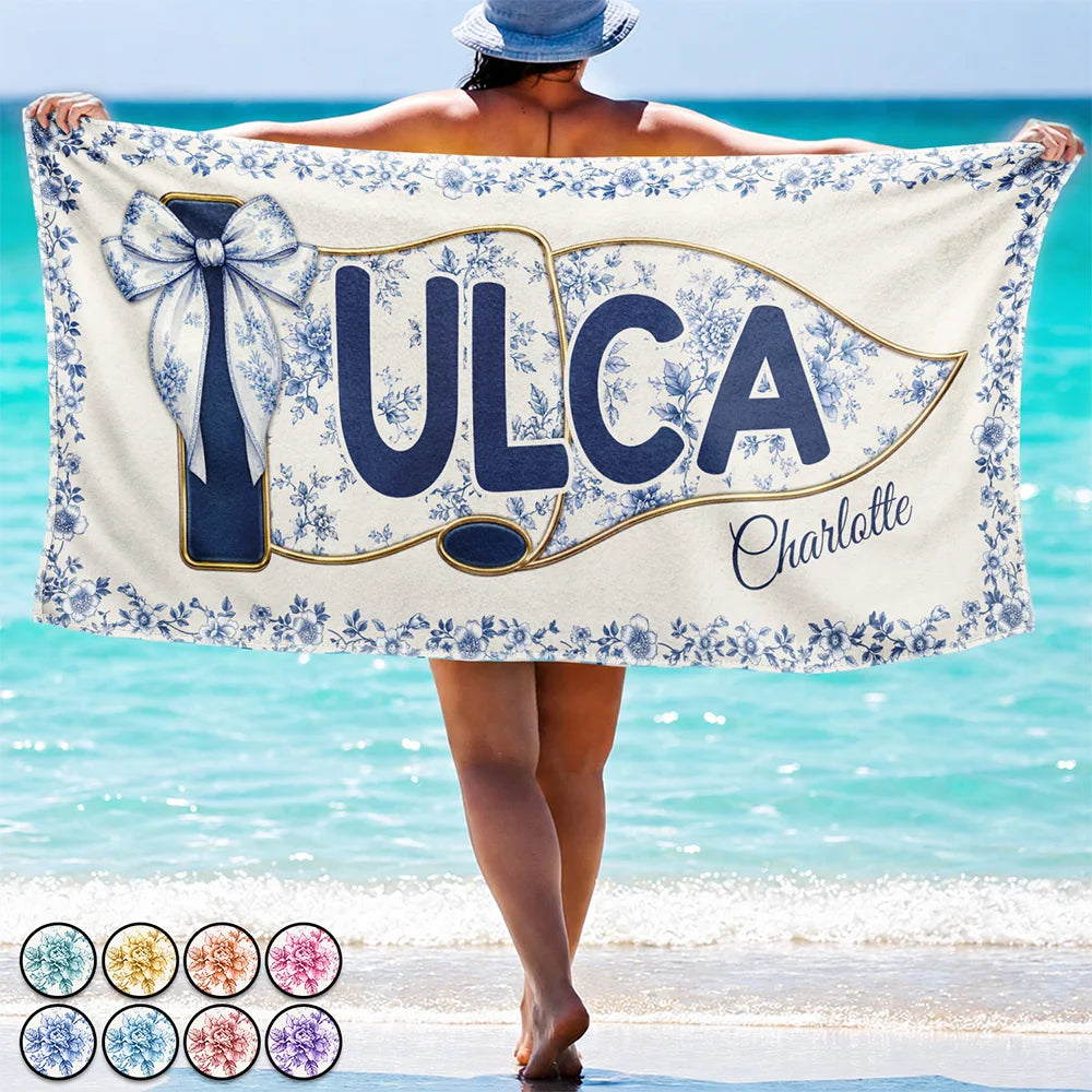 School Pennant Flag Summer Graduation Chinoiserie Toile - Personalized Beach Towel