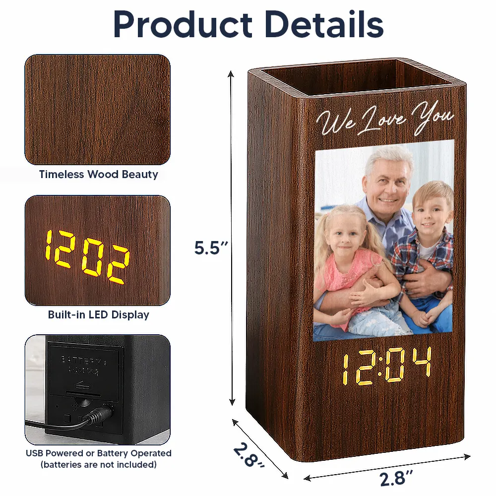 Gift For Father, Custom Photo, Sentimental, Upload Full Photo - Custom Photo Family Portrait Best Grandpa Dad Ever - Personalized Pen Holder With Clock