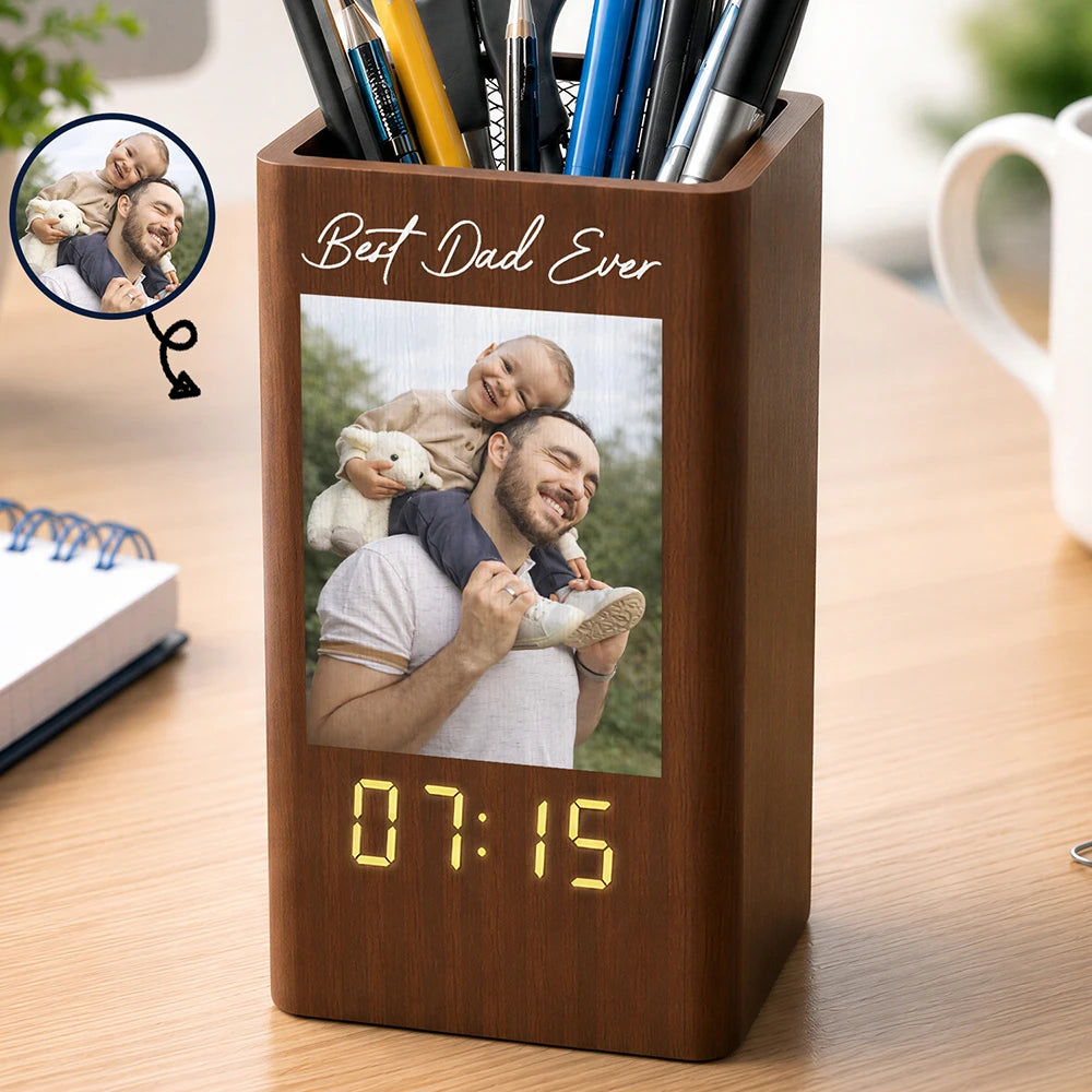 Custom Photo Family Portrait Best Grandpa Dad Ever - Personalized Pen Holder With Clock