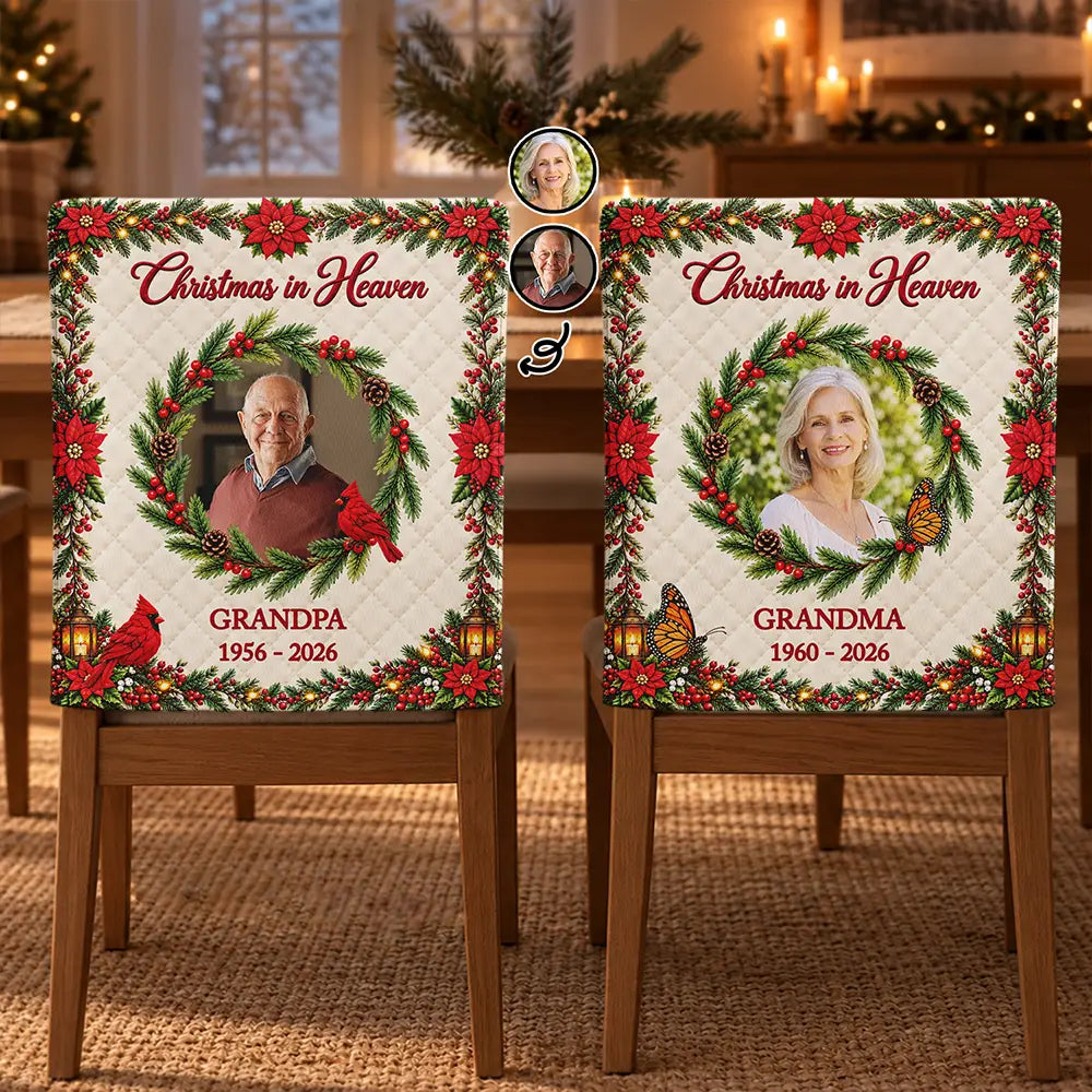 Christmas Memorial Gift For Loss Of Loved One - Personalized Custom Photo Photo & Name Christmas In Heaven Chair Back Cover