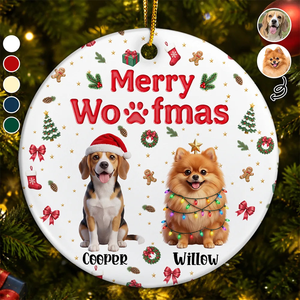 Christmas Gift For Pet Mom - Personalized Custom Photo Pet Name Festive Pattern Circle Ceramic Ornament