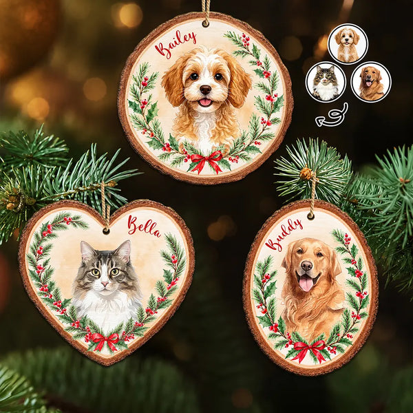 Art Design,Christmas,Custom Photo,Indoor Decor,Pet Lovers,Photo - Watercolor - Remove BG,Playful - Christmas Gift For Dog Cat Pet Lovers - Personalized Custom Photo Watercolor Pet In Christmas Wreath Wooden Ornament