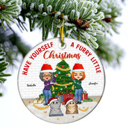 Furry Little Christmas Family With Dog Cat Pet - Gift For Couple - Personalized Custom Circle Ceramic Ornament