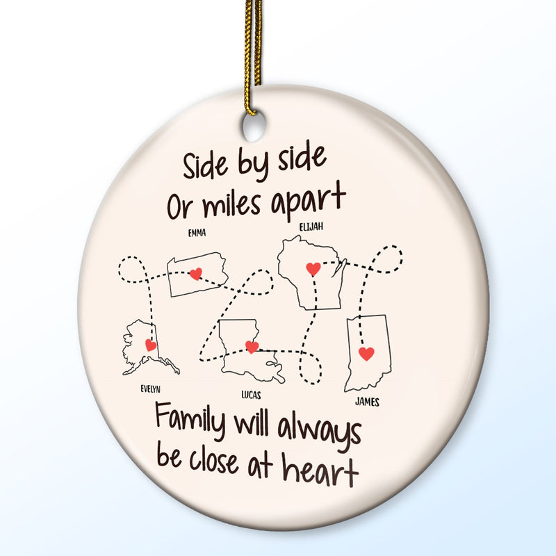 Side By Side Or Miles Apart - Christmas Gift For Family - Personalized Circle Ceramic Ornament