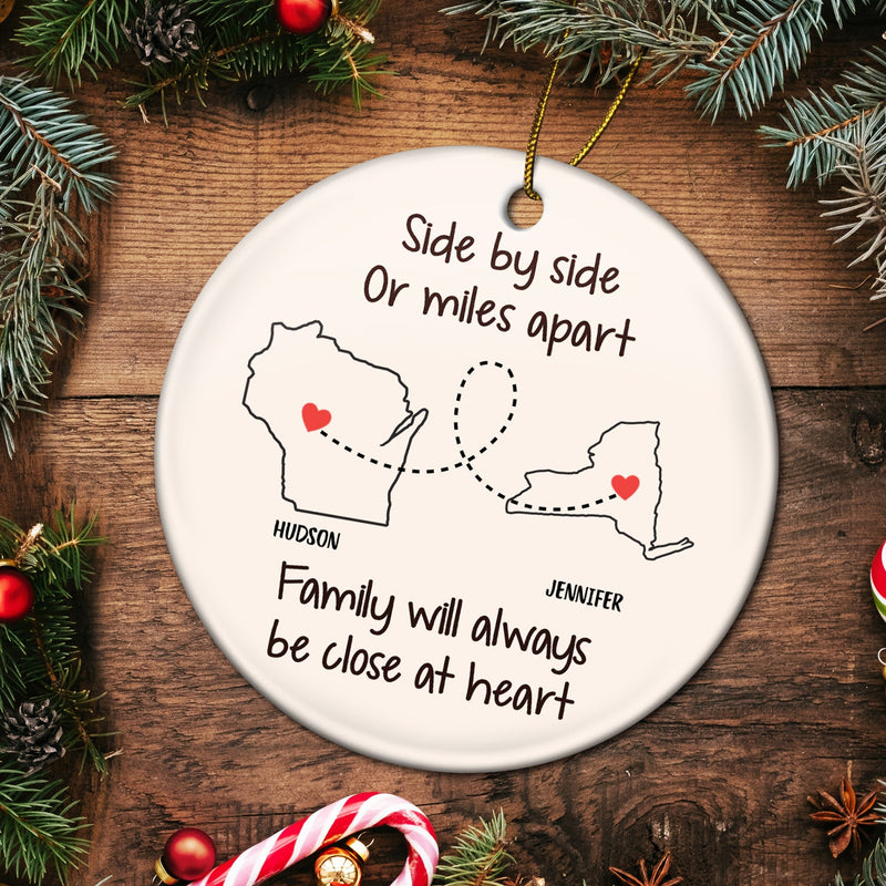 Side By Side Or Miles Apart - Christmas Gift For Family - Personalized Circle Ceramic Ornament