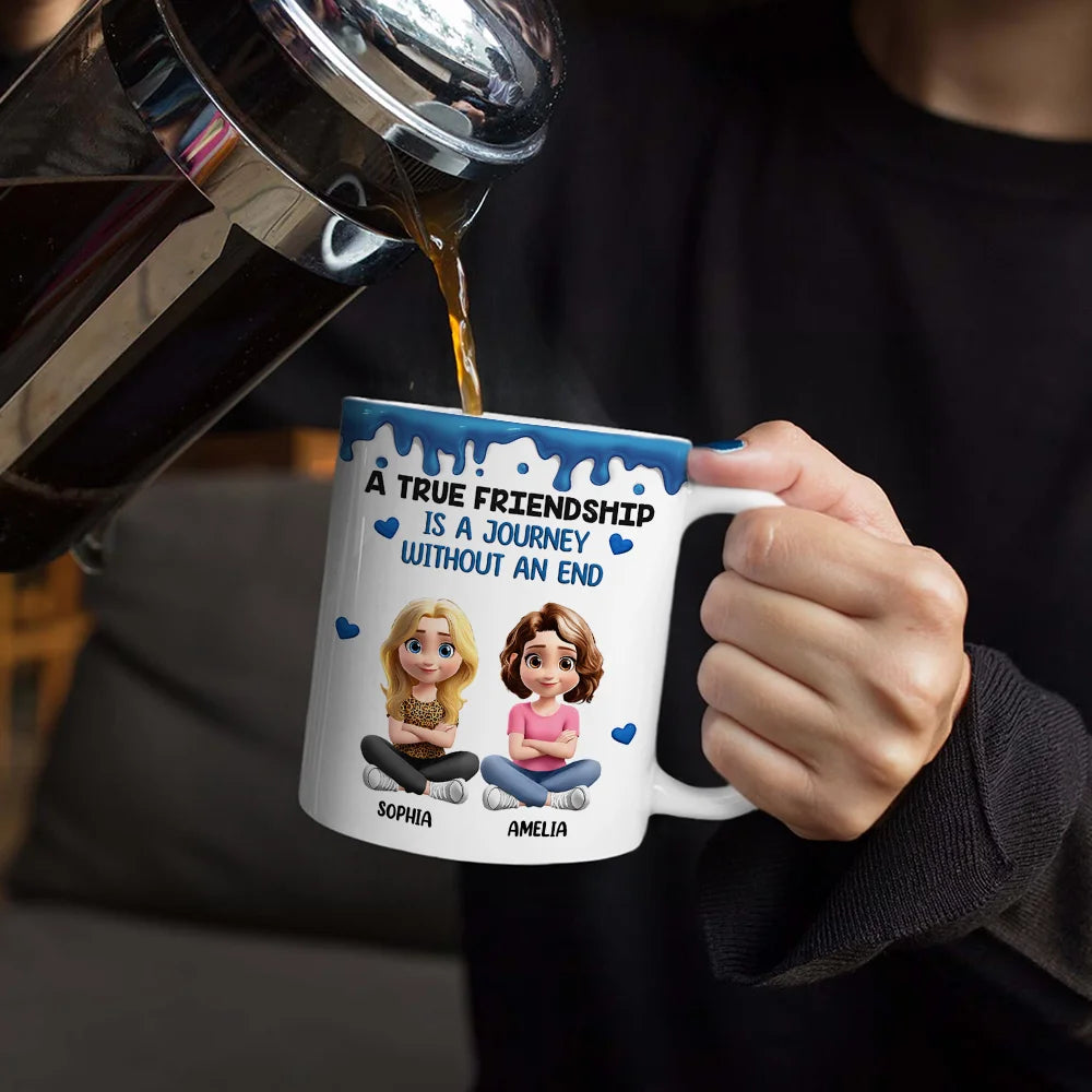 Happy,Gift For Bestie,Old Best friends,Gifts For Colleagues - A True Friendship Is A Journey Without An End 3D Effect - Personalized White Edge-to-Edge Mug