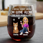 Happy,Gift For Wife,Gift For Women,Pet Lovers,Cat Lovers,Cat Mom,Gift For Mother,Gift For Yourself - A Woman Cannot Survive On Wine Alone Cat Mom Animate - Personalized Stemless Wine Glass