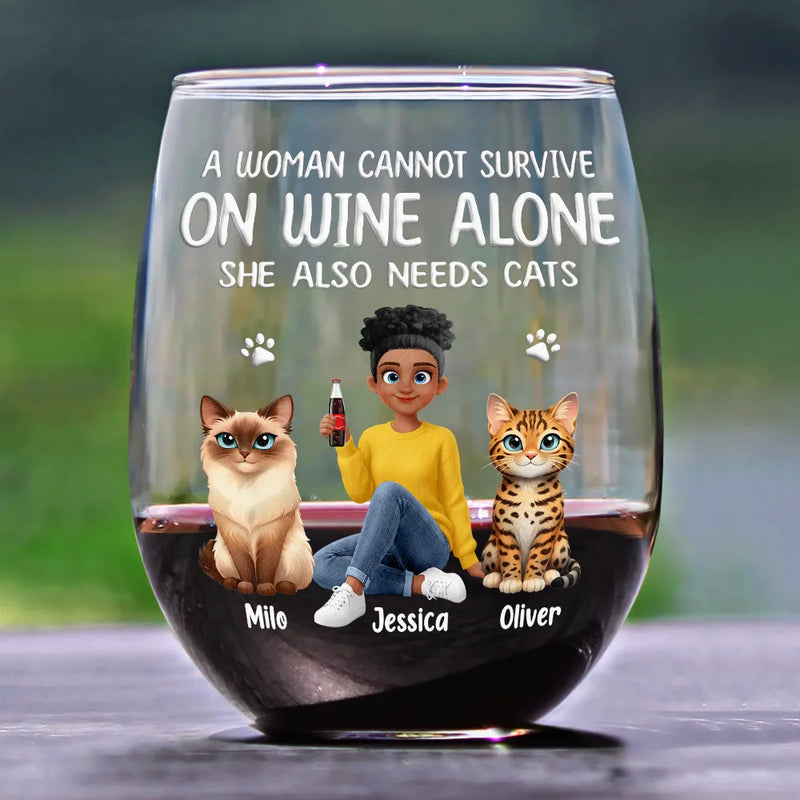 Happy,Gift For Wife,Gift For Women,Pet Lovers,Cat Lovers,Cat Mom,Gift For Mother,Gift For Yourself - A Woman Cannot Survive On Wine Alone Cat Mom Animate - Personalized Stemless Wine Glass