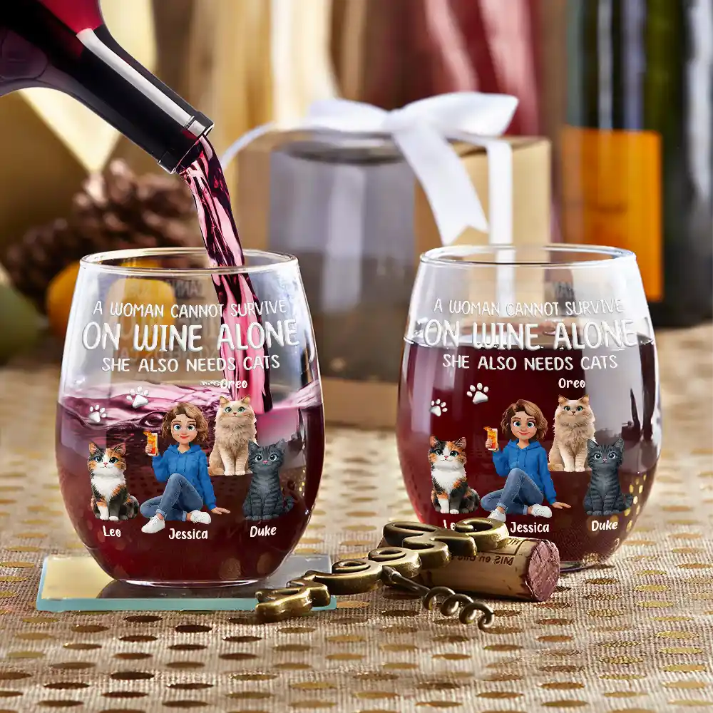 Happy,Gift For Wife,Gift For Women,Pet Lovers,Cat Lovers,Cat Mom,Gift For Mother,Gift For Yourself - A Woman Cannot Survive On Wine Alone Cat Mom Animate - Personalized Stemless Wine Glass
