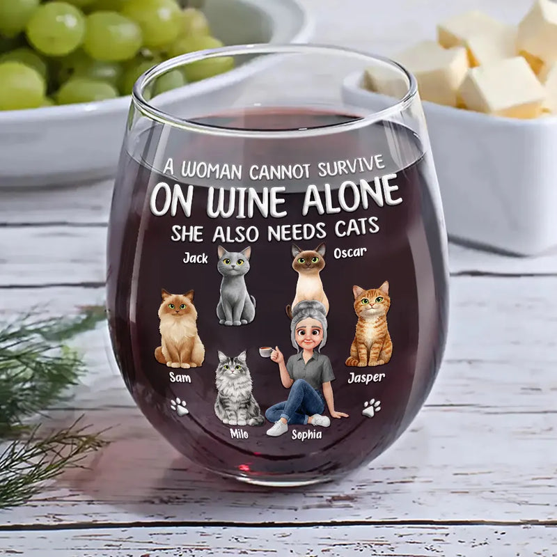 Happy,Gift For Wife,Gift For Women,Pet Lovers,Cat Lovers,Cat Mom,Gift For Mother,Gift For Yourself - A Woman Cannot Survive On Wine Alone Cat Mom Animate - Personalized Stemless Wine Glass